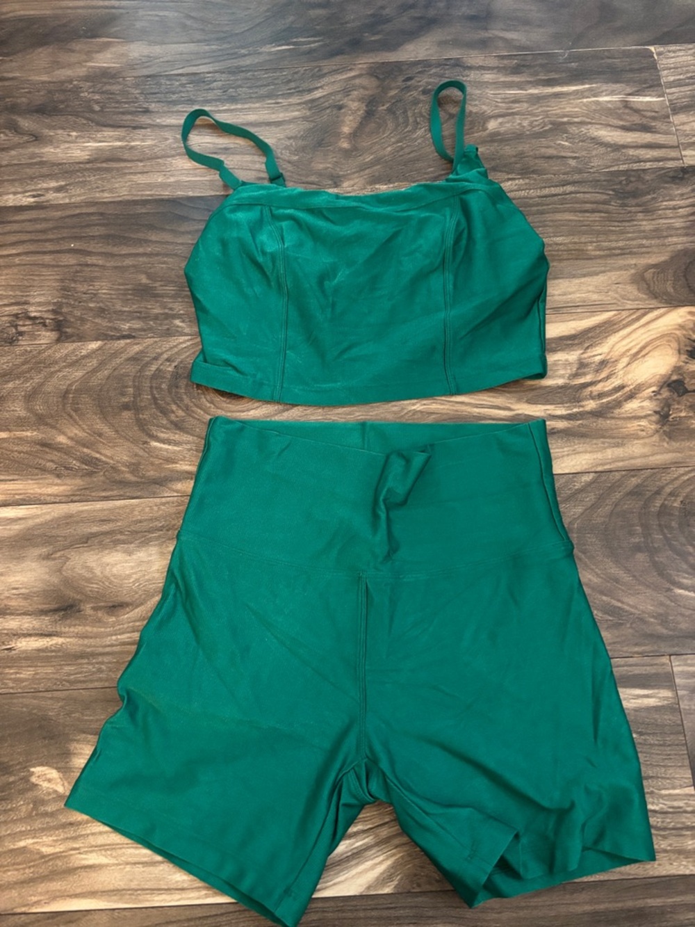 aerie Green Ribbed Cropped Tank and High-Waist Bike Shorts
